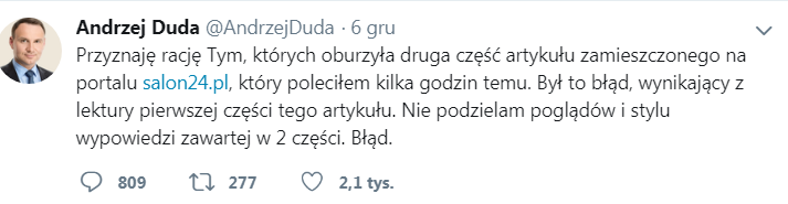 Twiter Andrzej Duda poleca artykuł którego nie przeczytał dokładnie